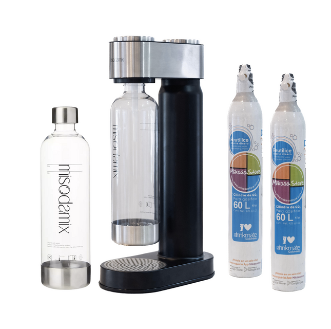 Combo Máquina gasificadora de agua MISODAMIX + Botella + 1 Cilindro Repuesto