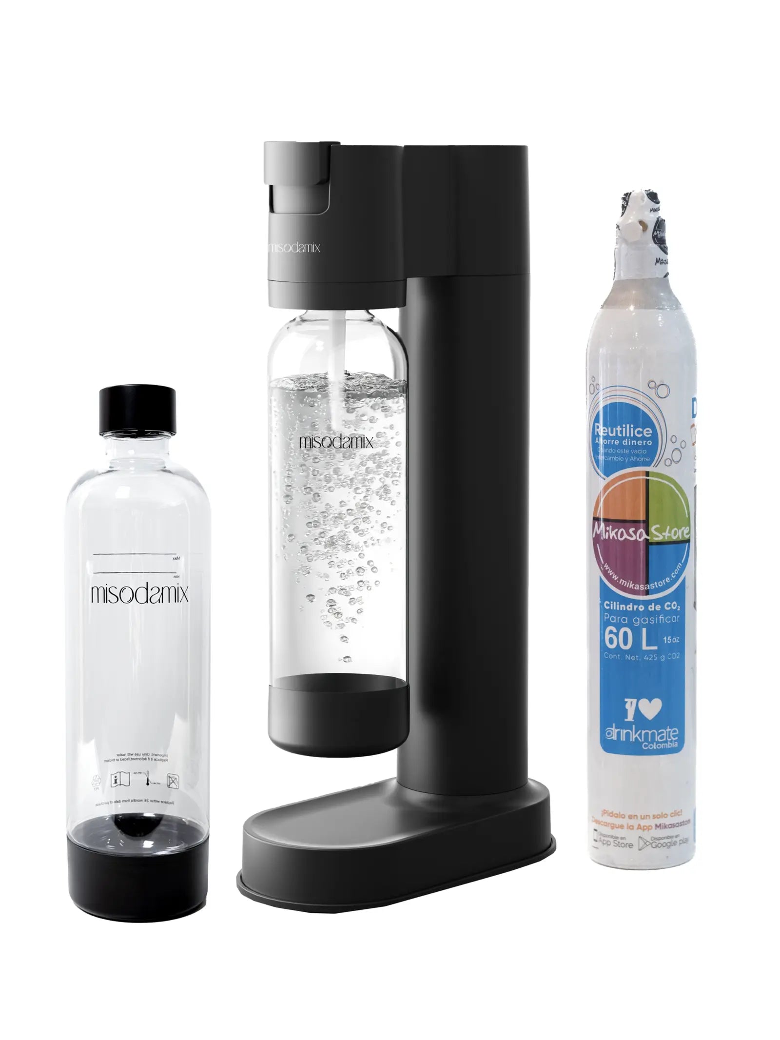 Combo Máquina gasificadora de agua MISODAMIX FIZZY Negra+ Botella 1Litro
