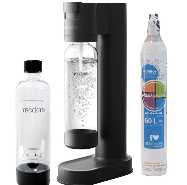 Combo Máquina gasificadora de agua MISODAMIX FIZZY Negra+ Botella 1Litro