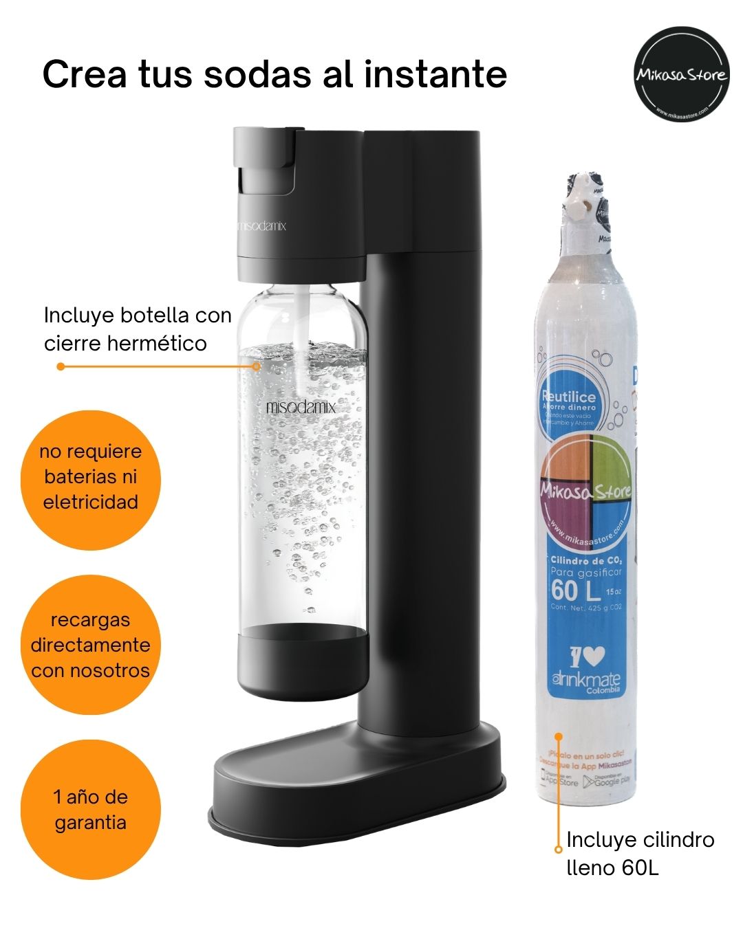 Combo Máquina gasificadora de agua MISODAMIX FIZZY Negra+ Botella 1Litro