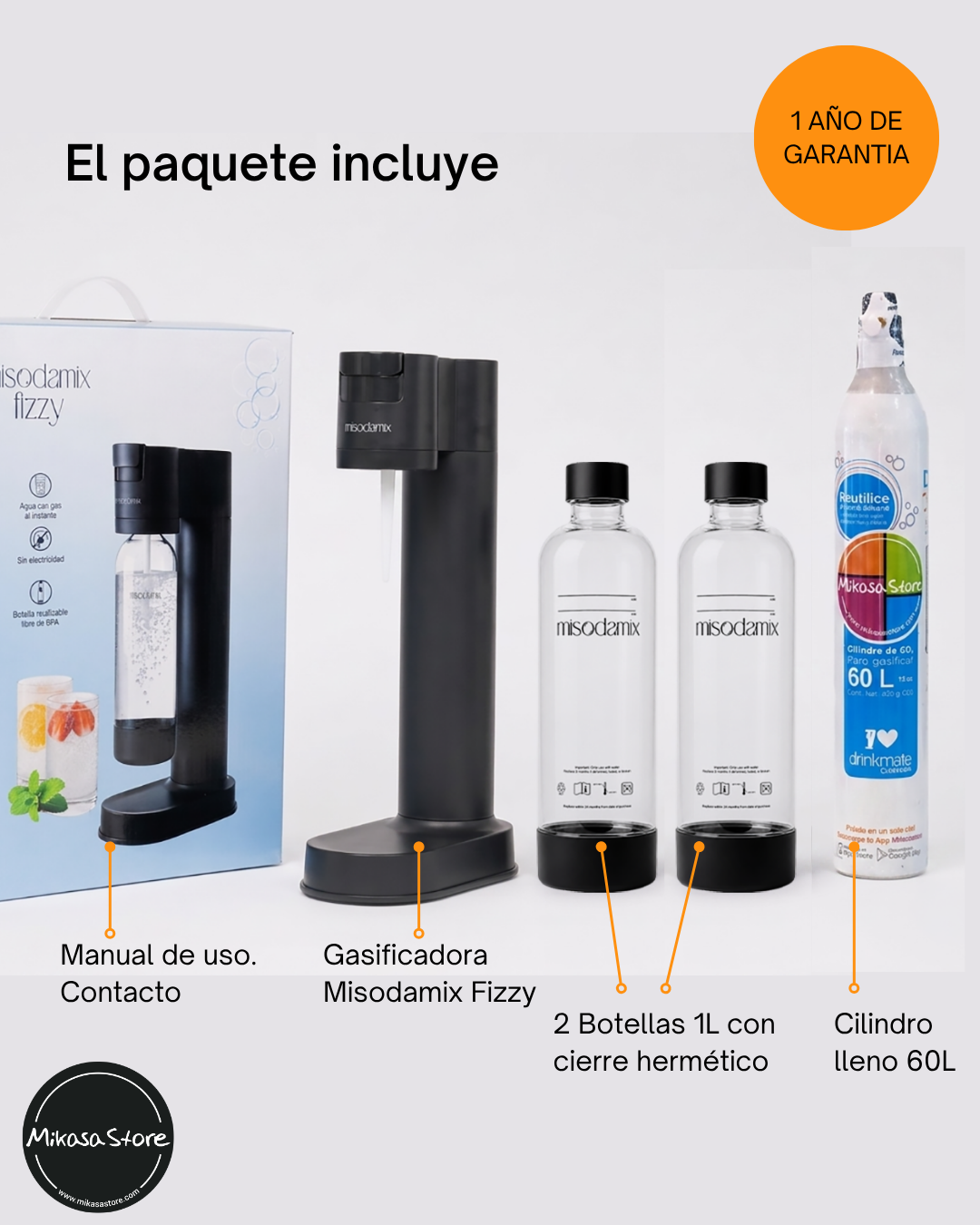 Combo Máquina gasificadora de agua MISODAMIX FIZZY Negra+ Botella 1Litro