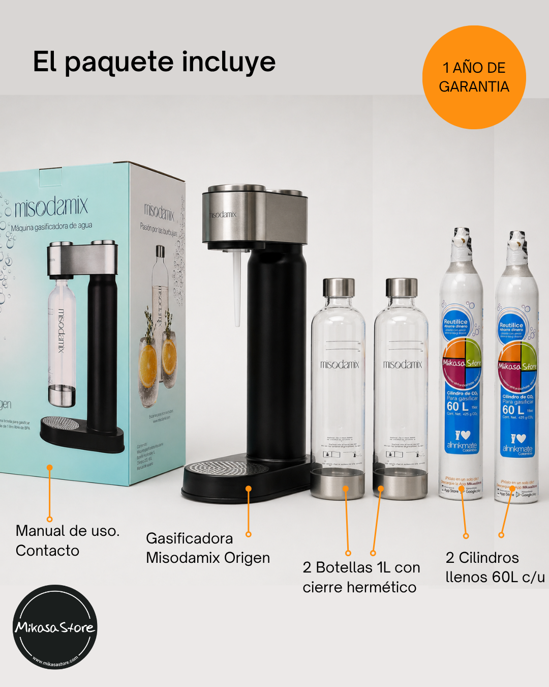 Combo Máquina gasificadora de agua MISODAMIX + Botella + 1 Cilindro Repuesto