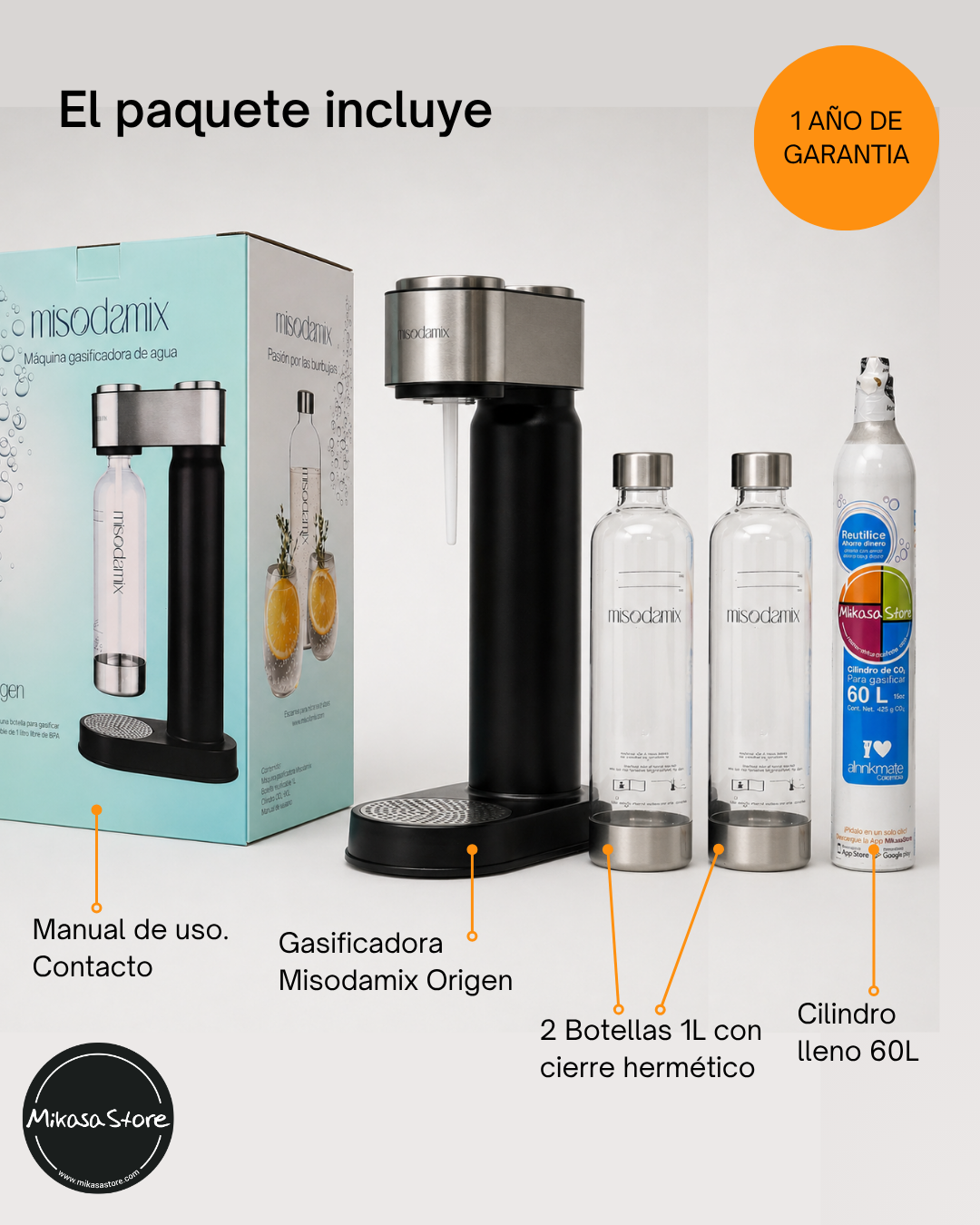 Combo Máquina gasificadora de agua MISODAMIX + Botella 1Litro