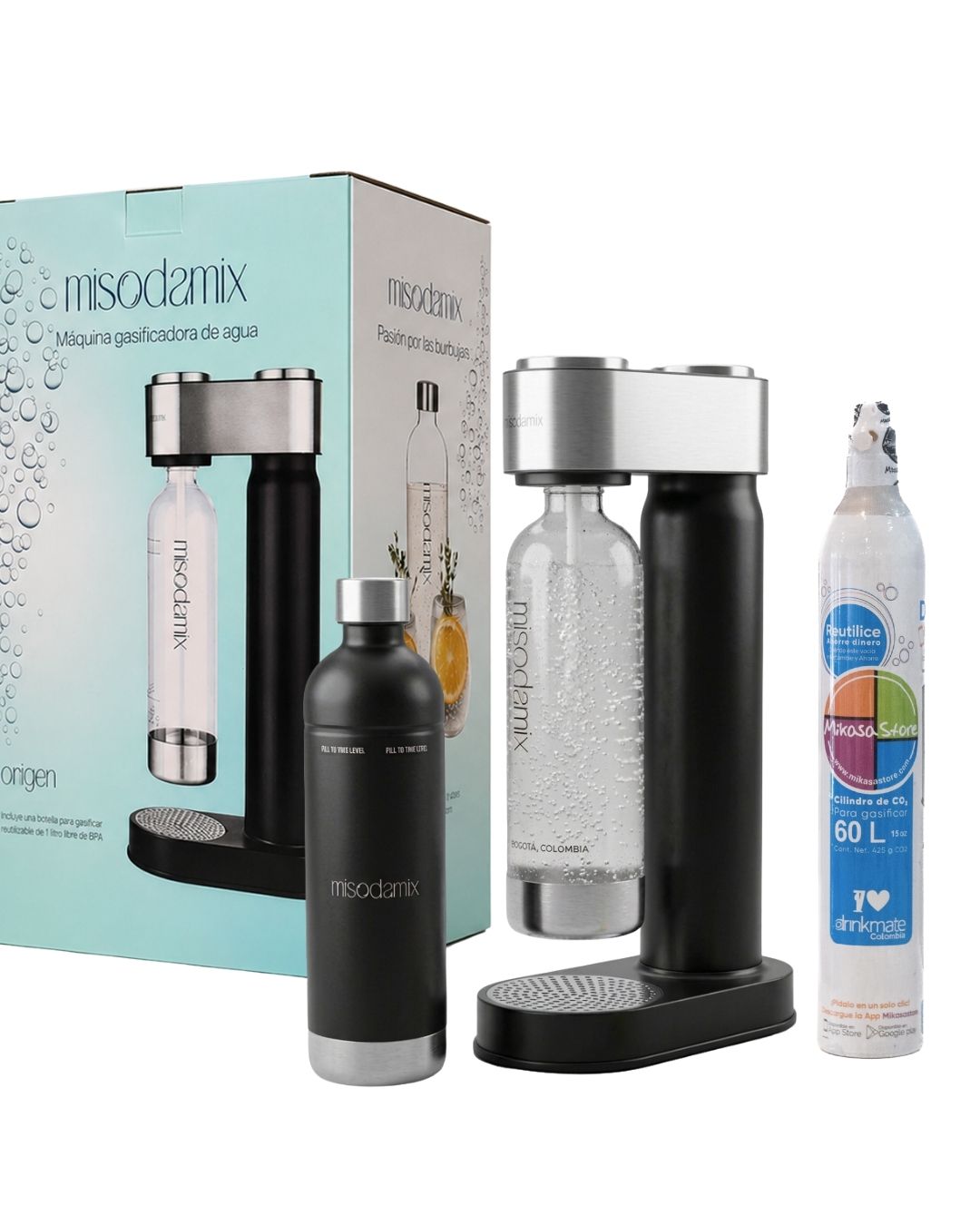 Combo Máquina gasificadora de agua MISODAMIX + Botella Acero Inoxidable