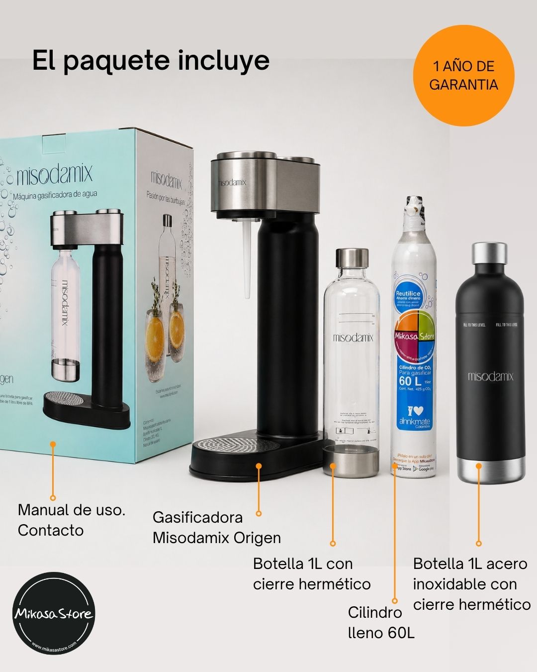 Combo Máquina gasificadora de agua MISODAMIX + Botella Acero Inoxidable