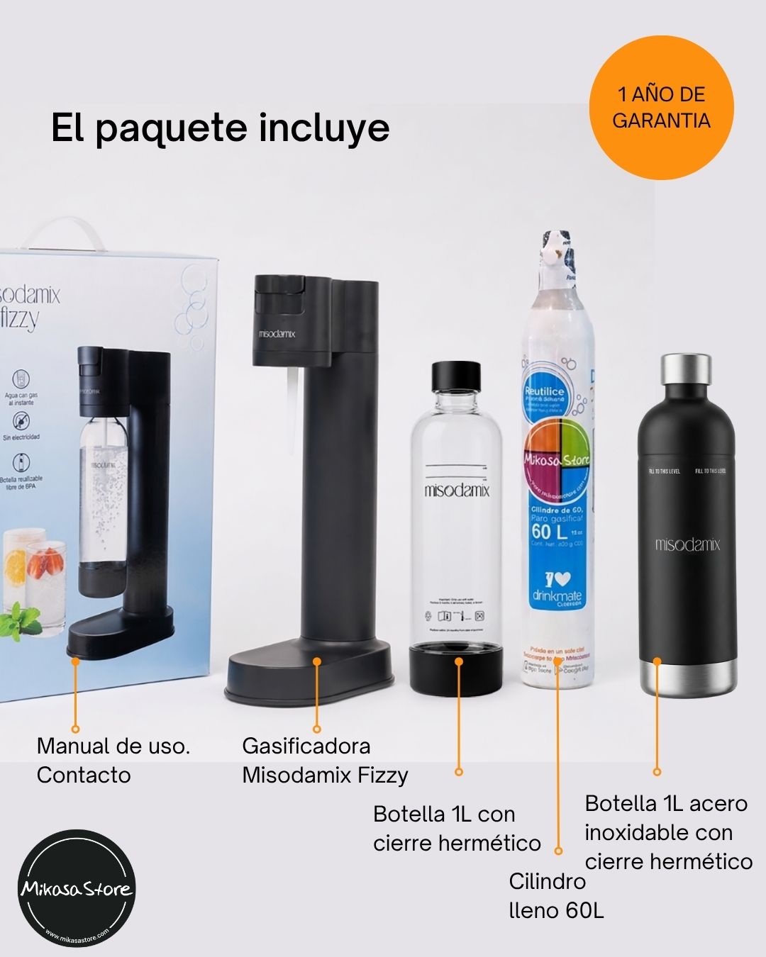 Combo Máquina gasificadora de agua MISODAMIX FIZZY+ Botella Acero Inoxidable