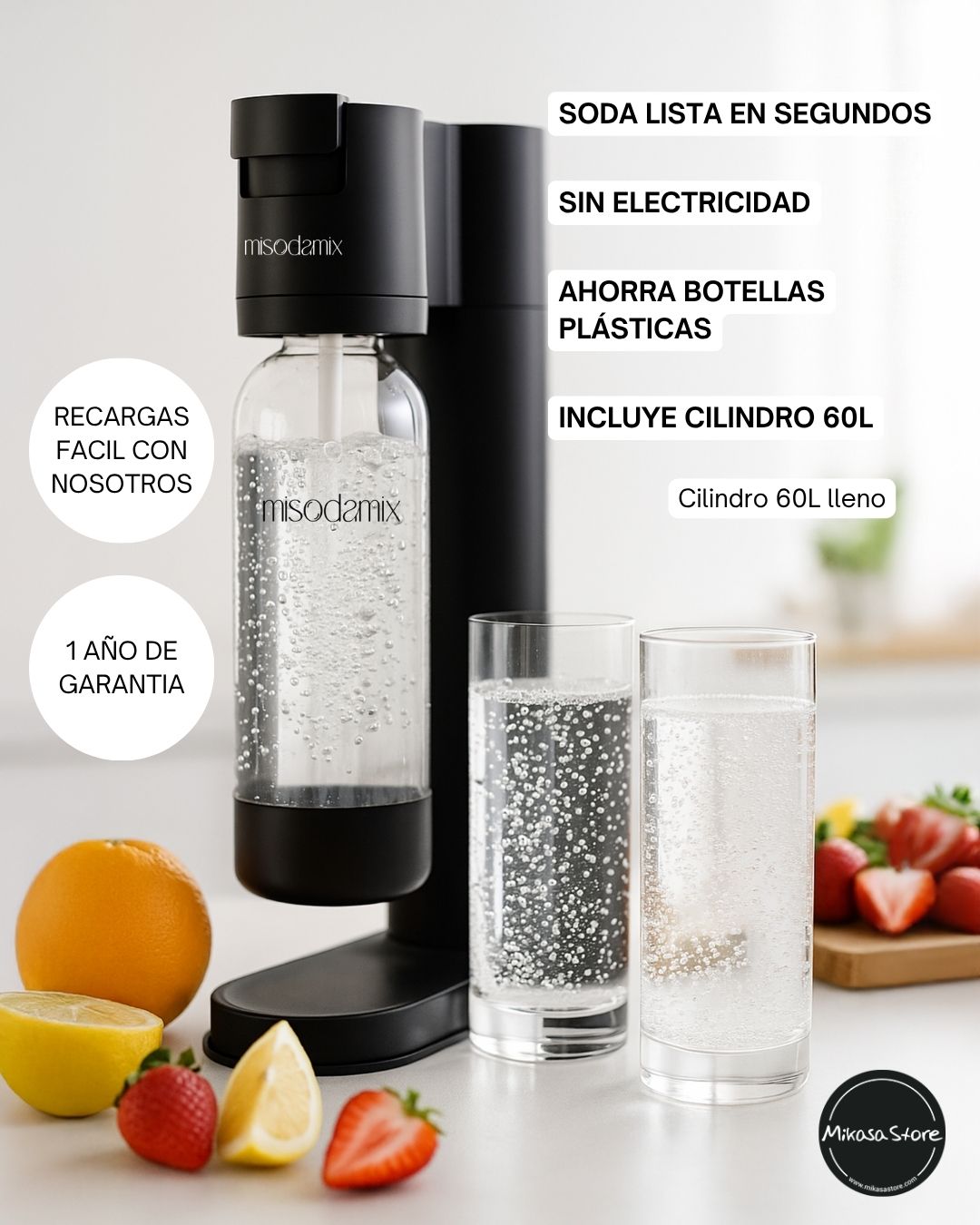 Combo Máquina gasificadora de agua MISODAMIX FIZZY Negra+ Botella 1Litro