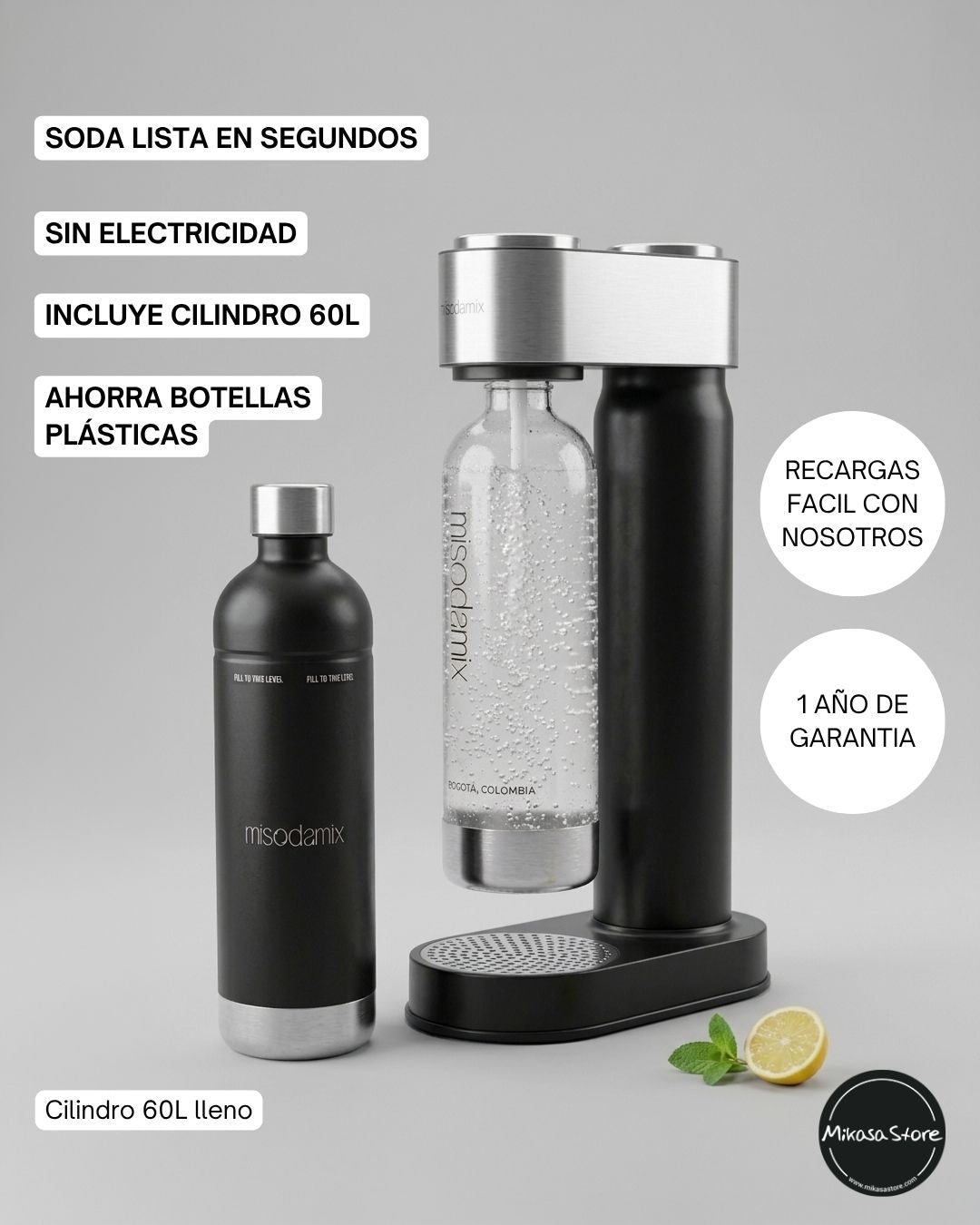 Combo Máquina gasificadora de agua MISODAMIX + Botella + 1 Cilindro Repuesto