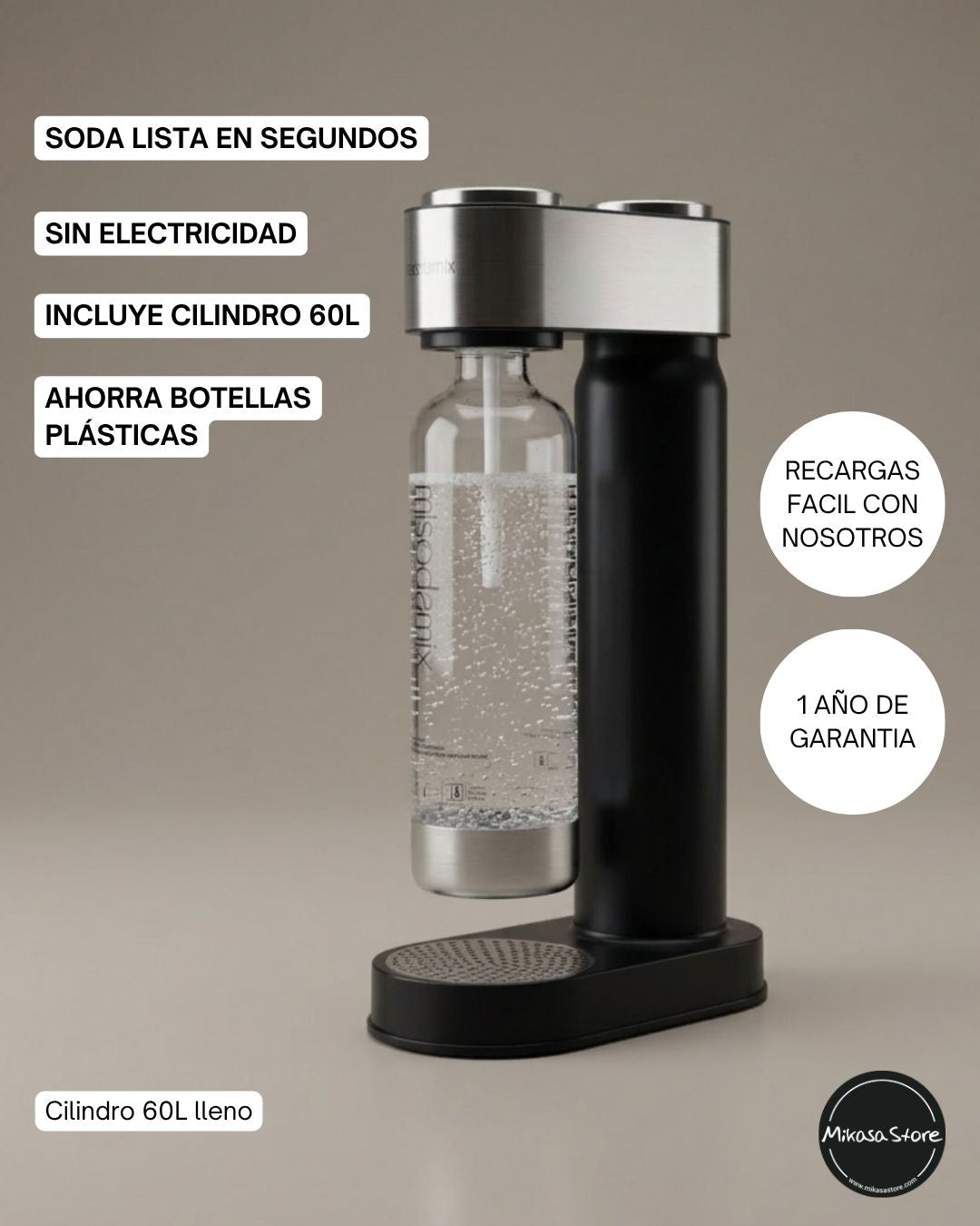 Combo Máquina gasificadora de agua MISODAMIX + Botella + 1 Cilindro Repuesto