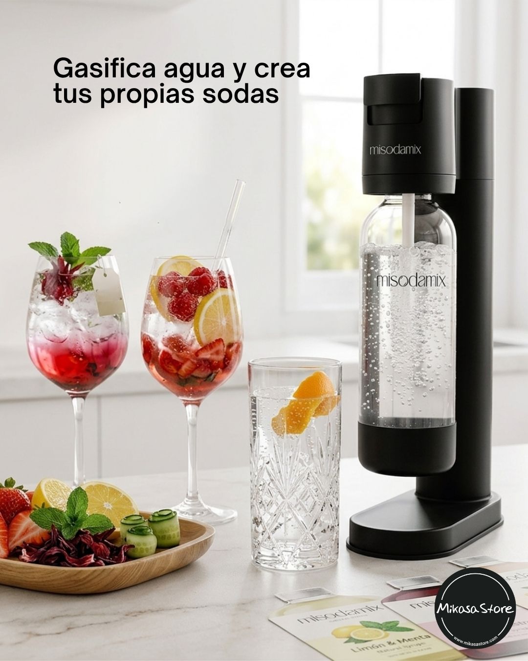 Combo Máquina gasificadora de agua MISODAMIX FIZZY Negra+ Botella 1Litro