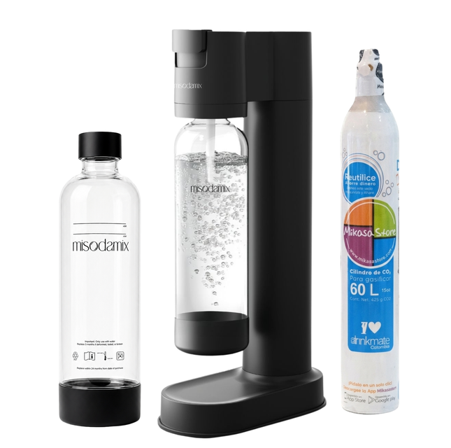 Combo Máquina gasificadora de agua MISODAMIX FIZZY Negra+ Botella 1Litro